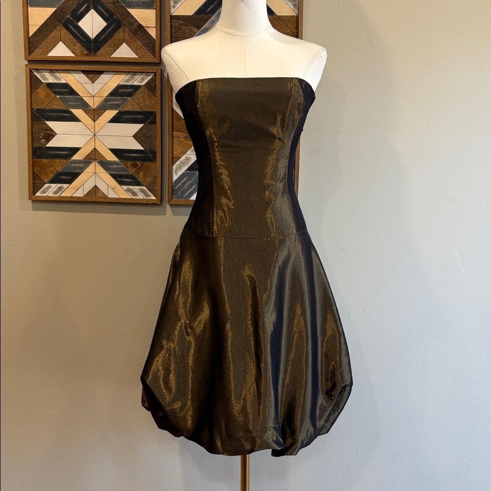 Vintage Ralph Lauren Black Label Strapless Metallic Bronze Balloon Hem Dress NEW